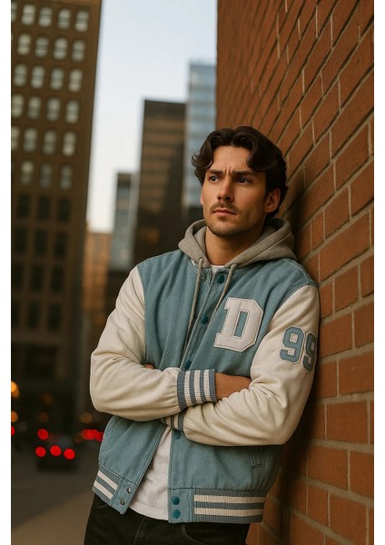 Erkek Salaş Kapşonlu Buz Mavi Denim Kolej Mont fırsatları