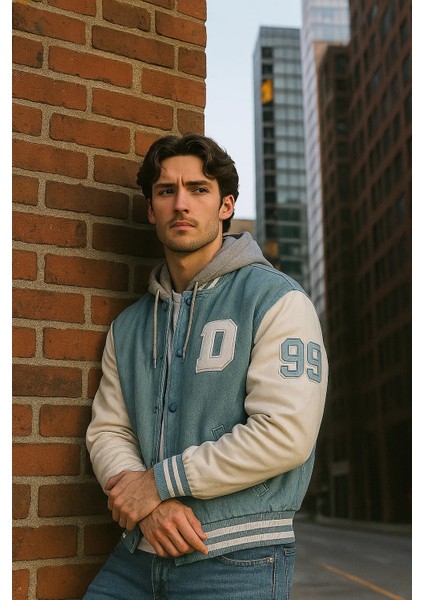 Erkek Salaş Kapşonlu Buz Mavi Denim Kolej Mont indirimleri