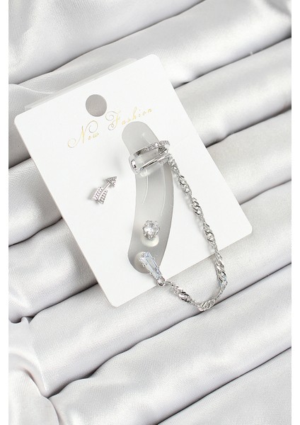 Pirinç Ok Figürlü Zirkon Taşlı Gümüş Renk 3 Lü Kıkırdak Kadın Küpe Set