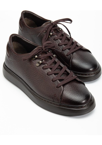 Hakiki Deri Erkek Casual Ayakkabı Kahverengi Düz Taban Bağlı