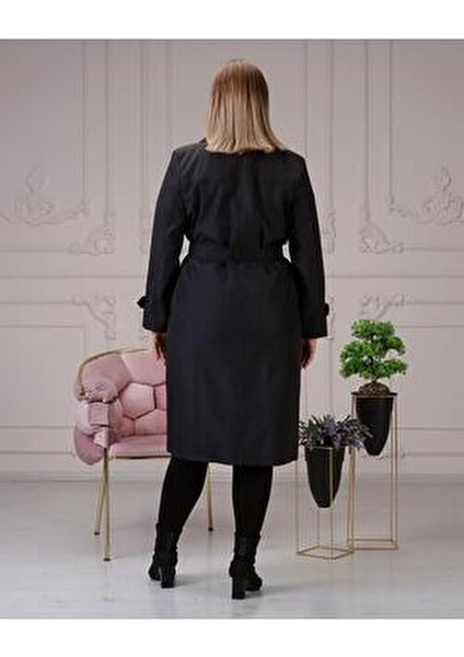 Dilan Kadın Trençkot Kemerli Düğmeli Siyah Mevsimlik Yazlık 100 cm