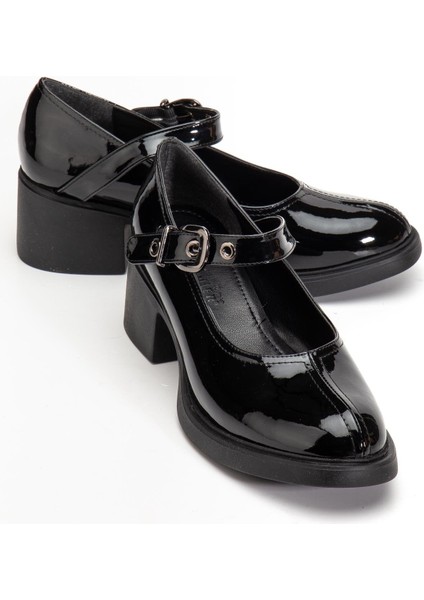 Siyah Kadın Topuklu Günlük Ayakkabı Rugan Baretli Kalın Taban