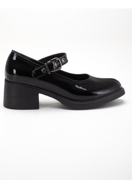 Siyah Kadın Topuklu Günlük Ayakkabı Rugan Baretli Kalın Taban modelleri