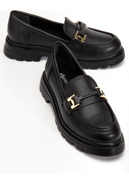 Siyah Kadın Loafer Günlük Ayakkabı Suni Deri Taşlı Tokalı