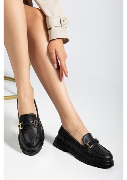 Siyah Kadın Loafer Günlük Ayakkabı Suni Deri Taşlı Tokalı fiyatları