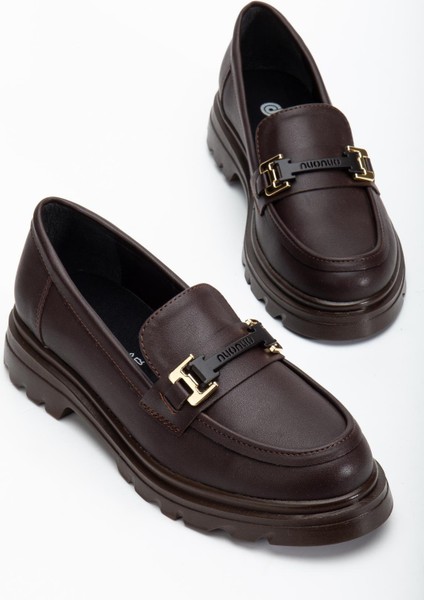 Kahverengi Kadın Loafer Günlük Ayakkabı Suni Deri Taşlı Tokalı