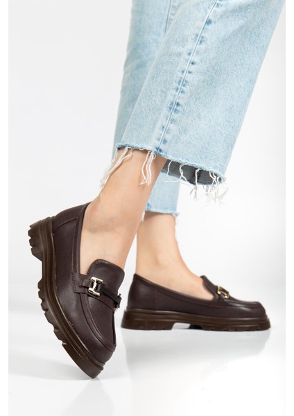 Kahverengi Kadın Loafer Günlük Ayakkabı Suni Deri Taşlı Tokalı fiyatları