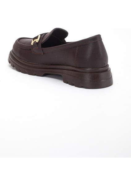 Kahverengi Kadın Loafer Günlük Ayakkabı Suni Deri Taşlı Tokalı indirimleri