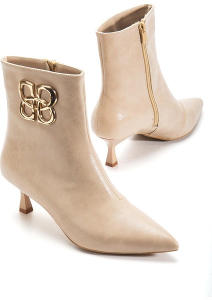 Nude Kadın Ince Topuklu Bot Aksesuarlı Sivri Burun