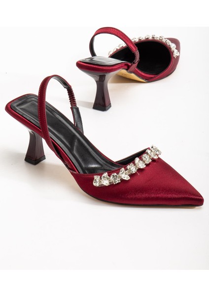 Saten Taşlı Simetrik Kesim Bordo Bej Topuklu Kadın Abiye Ayakkabı