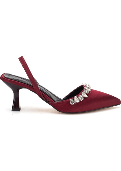 Saten Taşlı Simetrik Kesim Bordo Bej Topuklu Kadın Abiye Ayakkabı modelleri