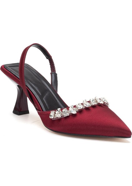 Saten Taşlı Simetrik Kesim Bordo Bej Topuklu Kadın Abiye Ayakkabı fırsatları