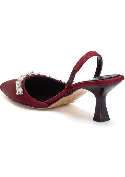 Saten Taşlı Simetrik Kesim Bordo Bej Topuklu Kadın Abiye Ayakkabı indirimleri