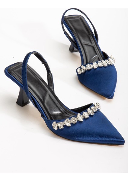 Saten Taşlı Simetrik Kesim Lacivert Bej Topuklu Kadın Abiye Ayakkabı