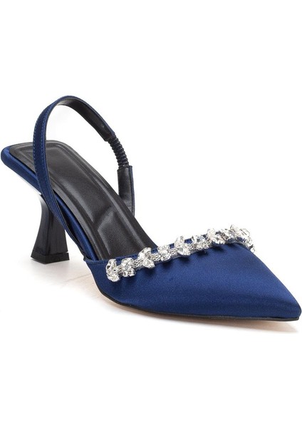 Saten Taşlı Simetrik Kesim Lacivert Bej Topuklu Kadın Abiye Ayakkabı fırsatları