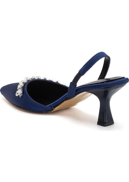 Saten Taşlı Simetrik Kesim Lacivert Bej Topuklu Kadın Abiye Ayakkabı indirimleri
