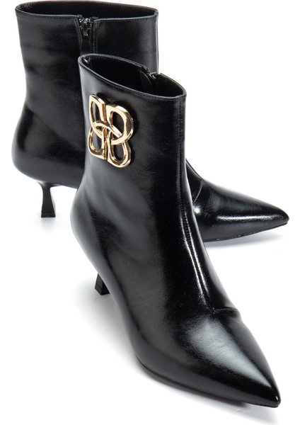 Siyah Kadın Ince Topuklu Bot Aksesuarlı Sivri Burun