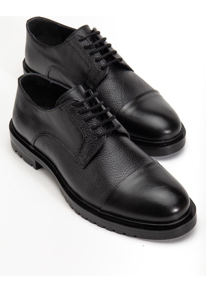 Hakiki Deri Siyah Erkek Klasik Ayakkabı Termo Taban Bağlı Maskeletli