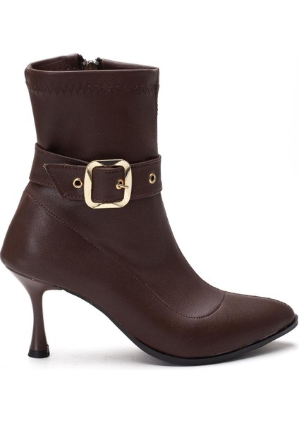 Kahverengi Kadın Topuklu Bot Streç Suni Deri Ince Topuklu modelleri