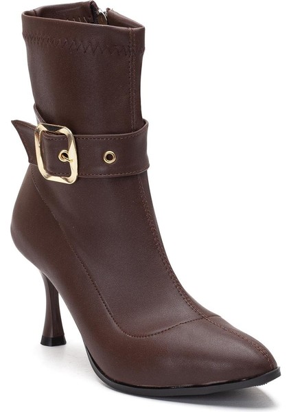 Kahverengi Kadın Topuklu Bot Streç Suni Deri Ince Topuklu fırsatları