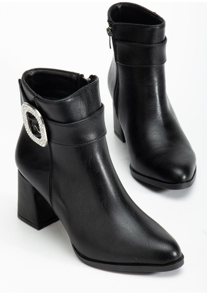 Siyah Kadın Kalın Topuklu Bot Taş Tokalı Sivri Burun