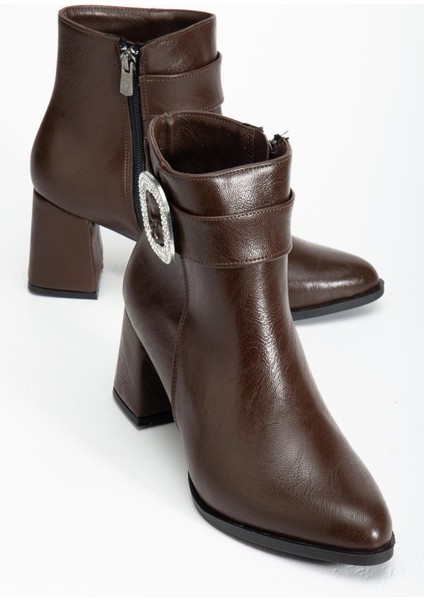 Kahverengi Kadın Kalın Topuklu Bot Taş Tokalı Sivri Burun