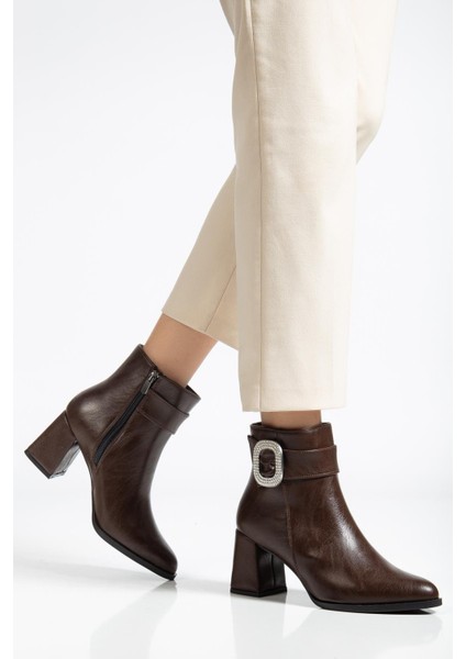 Kahverengi Kadın Kalın Topuklu Bot Taş Tokalı Sivri Burun fiyatları