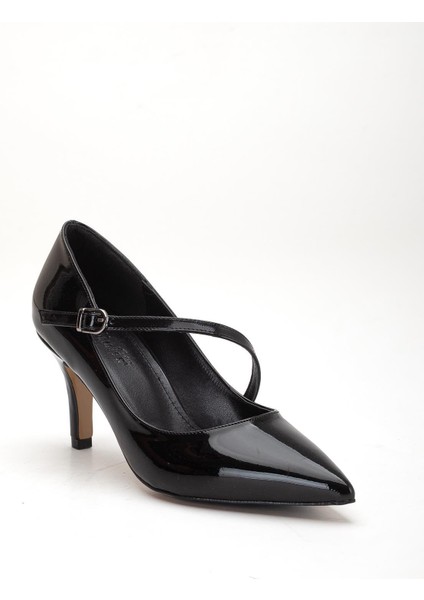 Büyük Beden Kadın Stiletto Ince Topuklu Ayakkabı Siyah Rugan Baretli fırsatları
