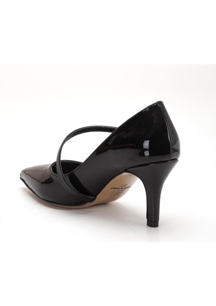 Büyük Beden Kadın Stiletto Ince Topuklu Ayakkabı Siyah Rugan Baretli indirimleri