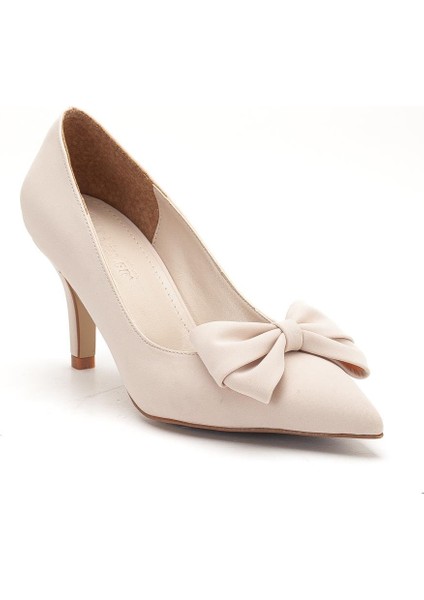 Büyük Beden Kadın Stiletto Ince Topuklu Ayakkabı Bej Saten Fiyonklu fırsatları