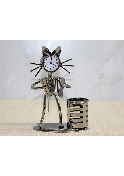 Metal Akordiyon Çalan Müzisyen Kedi Müzisyen Saat ve Kalemlik