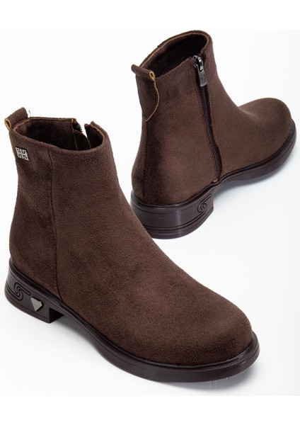 Kadın Bot Kahverengi Süet Suni Deri Kauçuk Taban Yüzüdüz