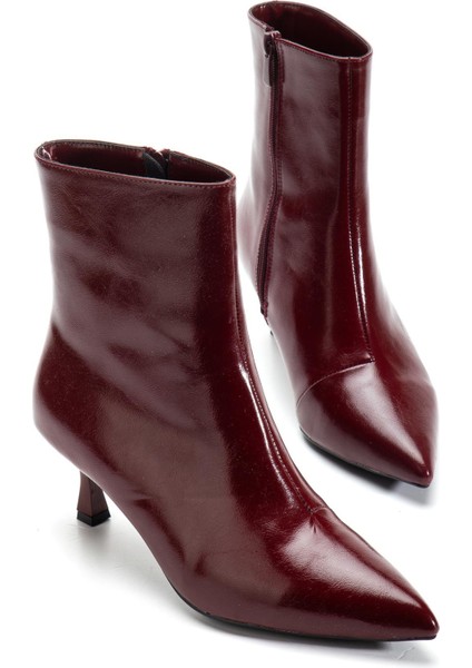 Bordo Kadın Ince Topuklu Bot Kırışık Rugan Sivri Burun