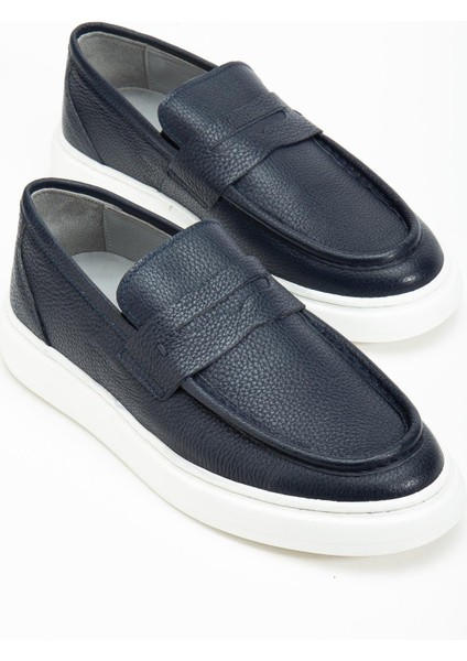 Hakiki Deri Erkek Casual Ayakkabı Lacivert Kuşaklı Kolej Model Düz Taban