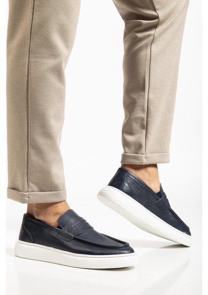 Hakiki Deri Erkek Casual Ayakkabı Lacivert Kuşaklı Kolej Model Düz Taban fiyatları