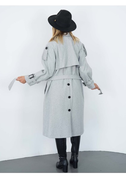 Düğmeli Astarlı Kruvaze Kaşe Manto