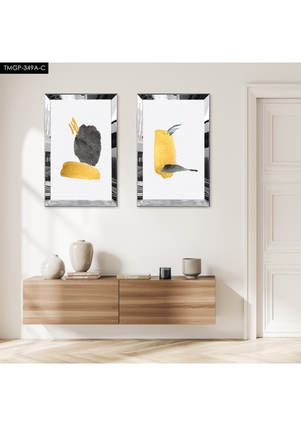 Gümüş Aynalı Pleksi Çerçeveli Beyaz Arka Planlı Soyut Şekiller Dekoratif Ikili Mdf Tablo Seti
