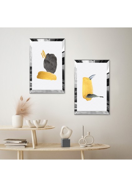 Gümüş Aynalı Pleksi Çerçeveli Beyaz Arka Planlı Soyut Şekiller Dekoratif Ikili Mdf Tablo Seti fiyatları