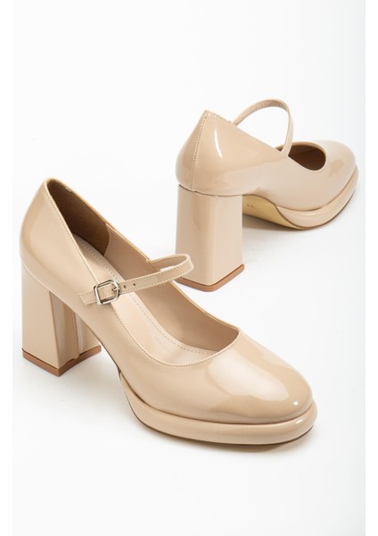 Kadın Kalın Platform Topuklu Ayakkabı Ten Rugan Baretli