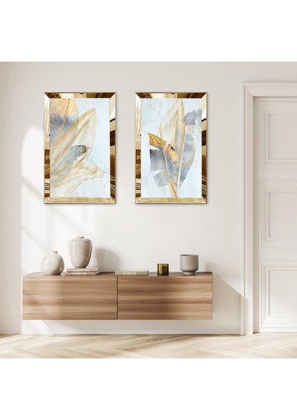 Gold Aynalı Pleksi Çerçeveli Açık Mavi Arka Planlı Ikili Mdf Tablo Seti