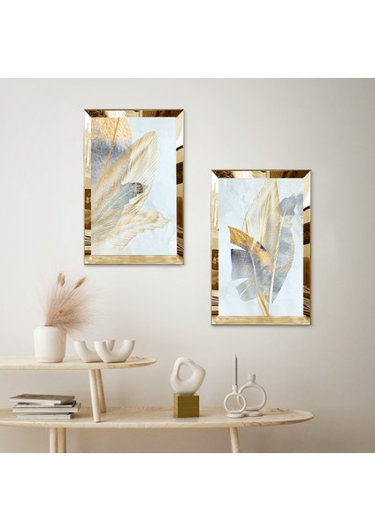 Gold Aynalı Pleksi Çerçeveli Açık Mavi Arka Planlı Ikili Mdf Tablo Seti fiyatları