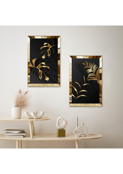 Gold Aynalı Pleksi Çerçeveli Siyah Arka Planlı Soyut Gold Çiçek Ikili Mdf Tablo Seti fiyatları