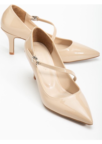 Büyük Beden Kadın Stiletto Ince Topuklu Ayakkabı Ten Rugan Baretli