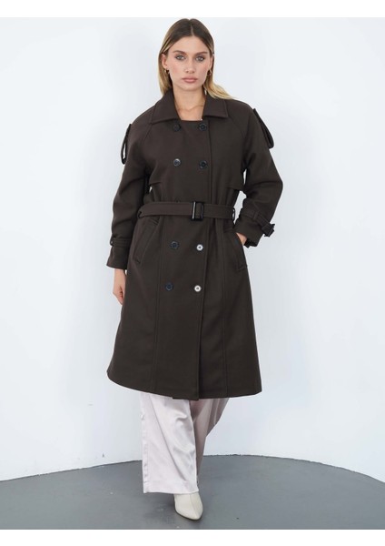 Düğmeli Astarlı Kruvaze Kaşe Manto