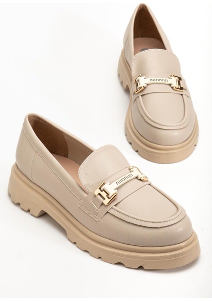 Bej Kadın Loafer Günlük Ayakkabı Suni Deri Taşlı Tokalı