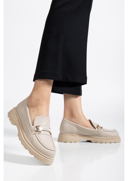 Bej Kadın Loafer Günlük Ayakkabı Suni Deri Taşlı Tokalı fiyatları