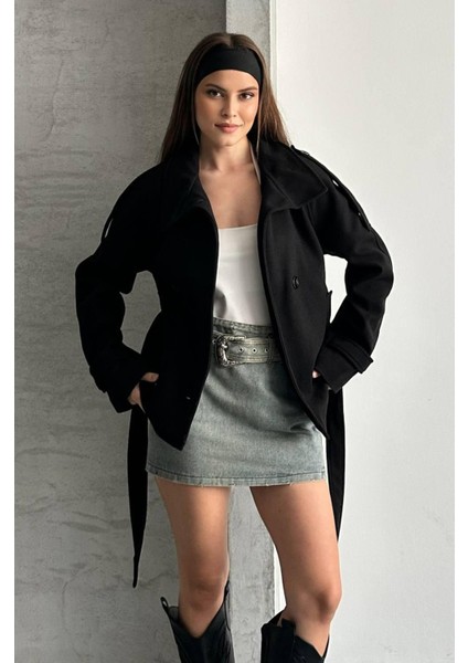 Düğmeli Kuşaklı Kaşe Kısa Kaban indirimleri