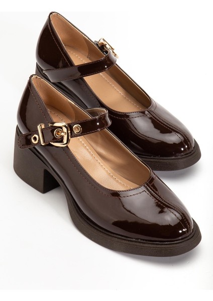 Kahverengi Kadın Topuklu Günlük Ayakkabı Rugan Baretli Kalın Taban