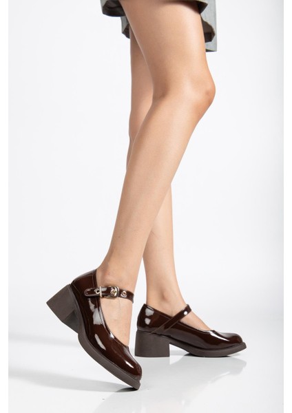 Kahverengi Kadın Topuklu Günlük Ayakkabı Rugan Baretli Kalın Taban fiyatları