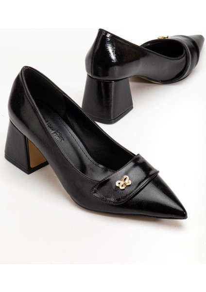 Siyah Büyük Beden Kadın Topuklu Ayakkabı Rugan Kalın Topuklu Sivri Burun